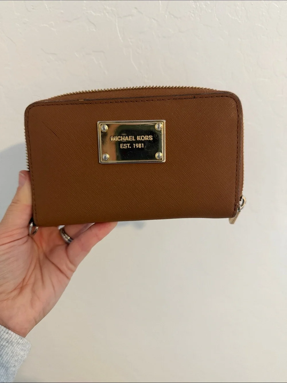 Michael Kors Saffiano Zip Wallet in Cognac Brown with Gold Plaque